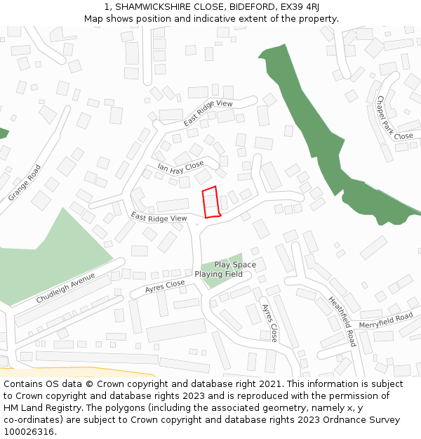 1, SHAMWICKSHIRE CLOSE, BIDEFORD, EX39 4RJ: Location map and indicative extent of plot