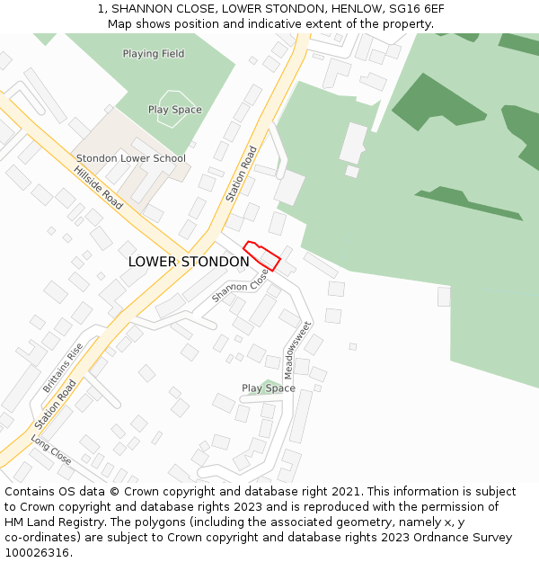 1, SHANNON CLOSE, LOWER STONDON, HENLOW, SG16 6EF: Location map and indicative extent of plot