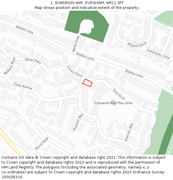 1, SHANNON WAY, EVESHAM, WR11 3FF: Location map and indicative extent of plot