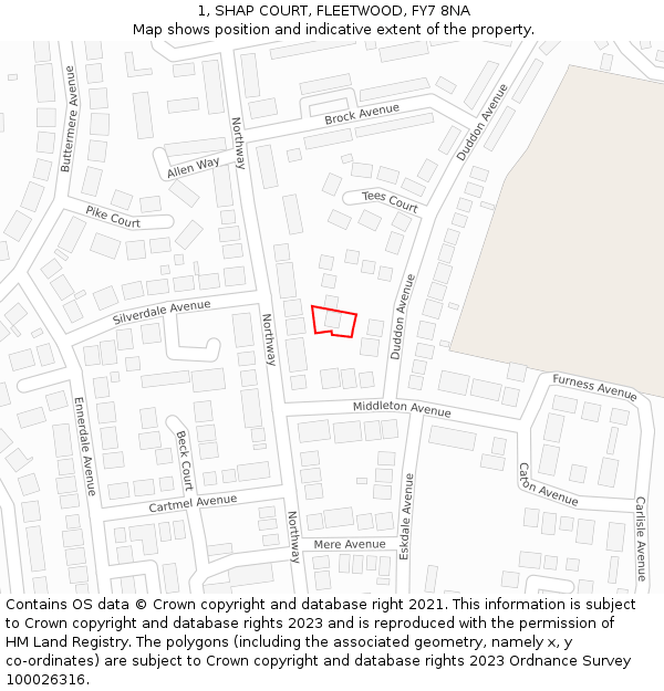 1, SHAP COURT, FLEETWOOD, FY7 8NA: Location map and indicative extent of plot