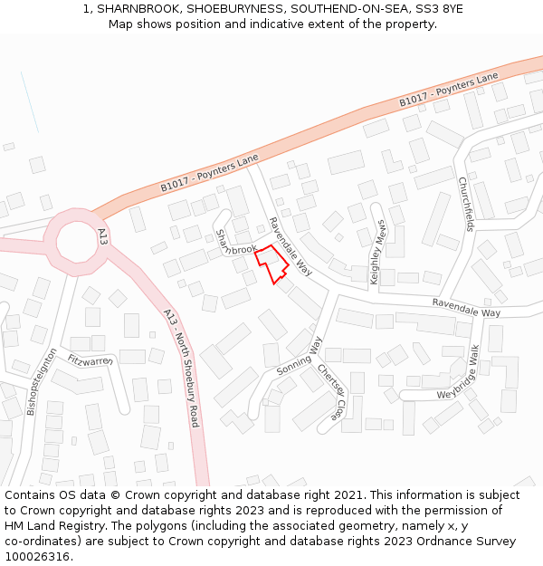 1, SHARNBROOK, SHOEBURYNESS, SOUTHEND-ON-SEA, SS3 8YE: Location map and indicative extent of plot