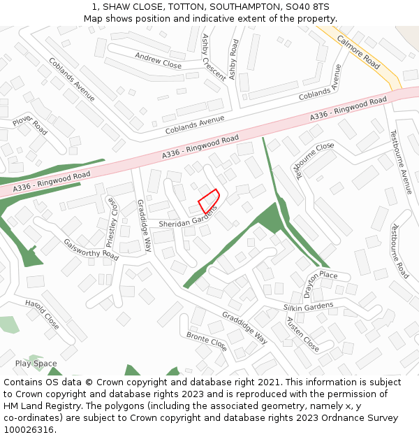 1, SHAW CLOSE, TOTTON, SOUTHAMPTON, SO40 8TS: Location map and indicative extent of plot