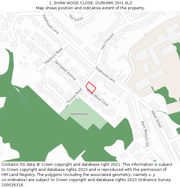 1, SHAW WOOD CLOSE, DURHAM, DH1 4LZ: Location map and indicative extent of plot