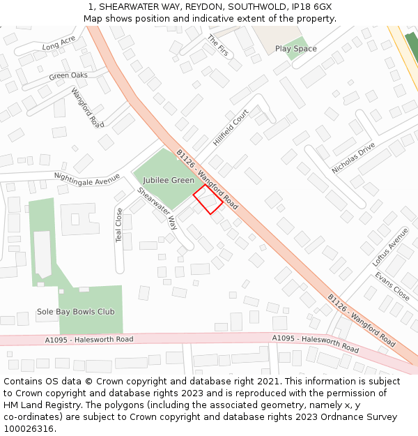 1, SHEARWATER WAY, REYDON, SOUTHWOLD, IP18 6GX: Location map and indicative extent of plot