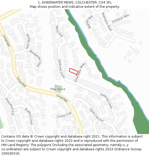 1, SHEERWATER MEWS, COLCHESTER, CO4 3FL: Location map and indicative extent of plot