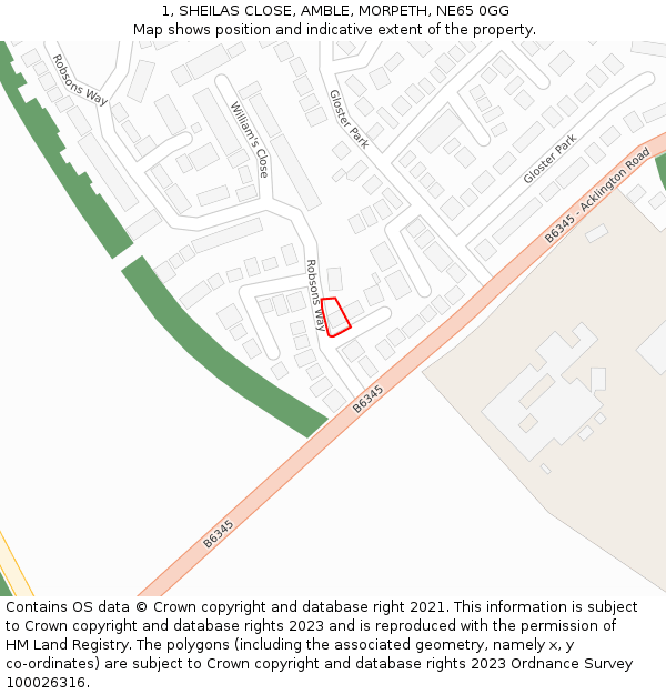 1, SHEILAS CLOSE, AMBLE, MORPETH, NE65 0GG: Location map and indicative extent of plot