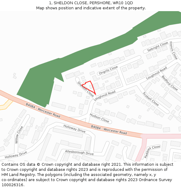 1, SHELDON CLOSE, PERSHORE, WR10 1QD: Location map and indicative extent of plot