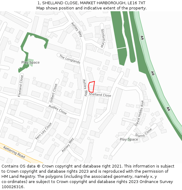 1, SHELLAND CLOSE, MARKET HARBOROUGH, LE16 7XT: Location map and indicative extent of plot