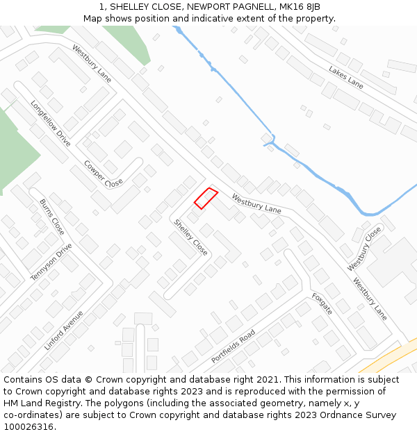 1, SHELLEY CLOSE, NEWPORT PAGNELL, MK16 8JB: Location map and indicative extent of plot