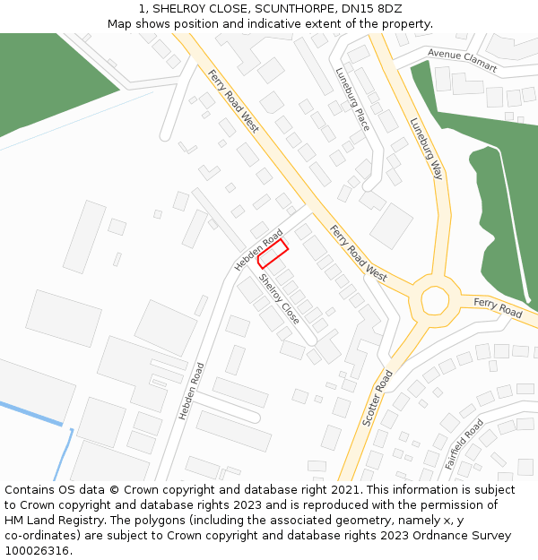 1, SHELROY CLOSE, SCUNTHORPE, DN15 8DZ: Location map and indicative extent of plot