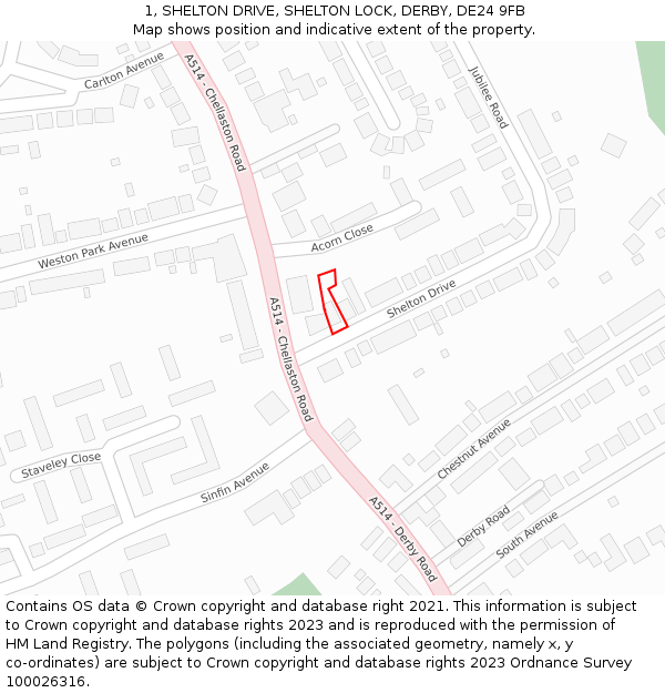 1, SHELTON DRIVE, SHELTON LOCK, DERBY, DE24 9FB: Location map and indicative extent of plot