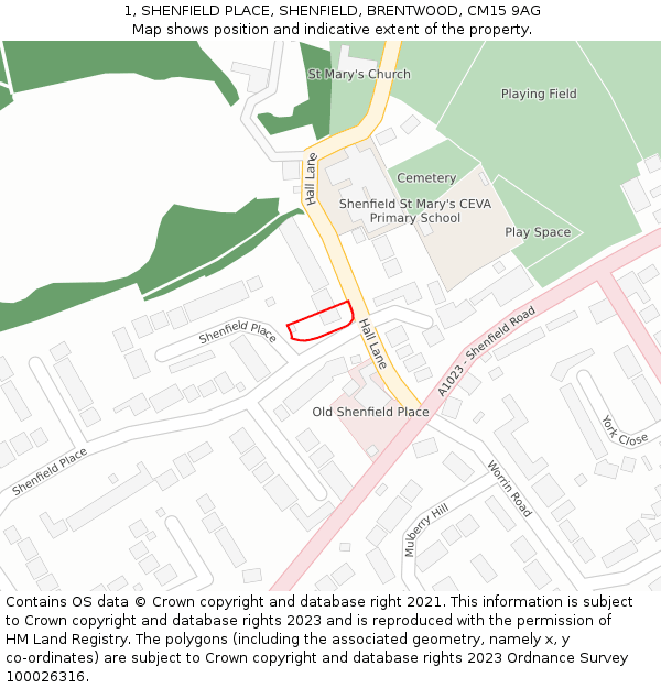 1, SHENFIELD PLACE, SHENFIELD, BRENTWOOD, CM15 9AG: Location map and indicative extent of plot