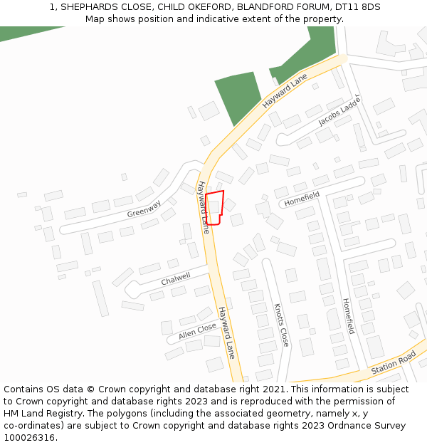 1, SHEPHARDS CLOSE, CHILD OKEFORD, BLANDFORD FORUM, DT11 8DS: Location map and indicative extent of plot
