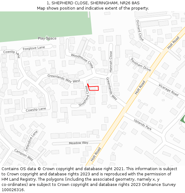 1, SHEPHERD CLOSE, SHERINGHAM, NR26 8AS: Location map and indicative extent of plot