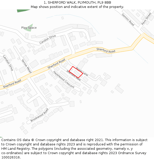 1, SHERFORD WALK, PLYMOUTH, PL9 8BB: Location map and indicative extent of plot