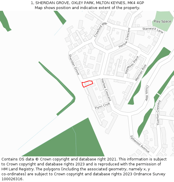 1, SHERIDAN GROVE, OXLEY PARK, MILTON KEYNES, MK4 4GP: Location map and indicative extent of plot