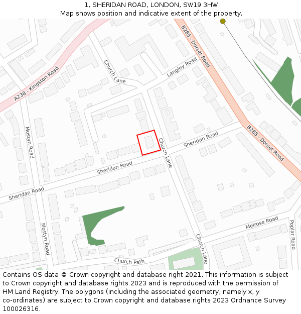 1, SHERIDAN ROAD, LONDON, SW19 3HW: Location map and indicative extent of plot