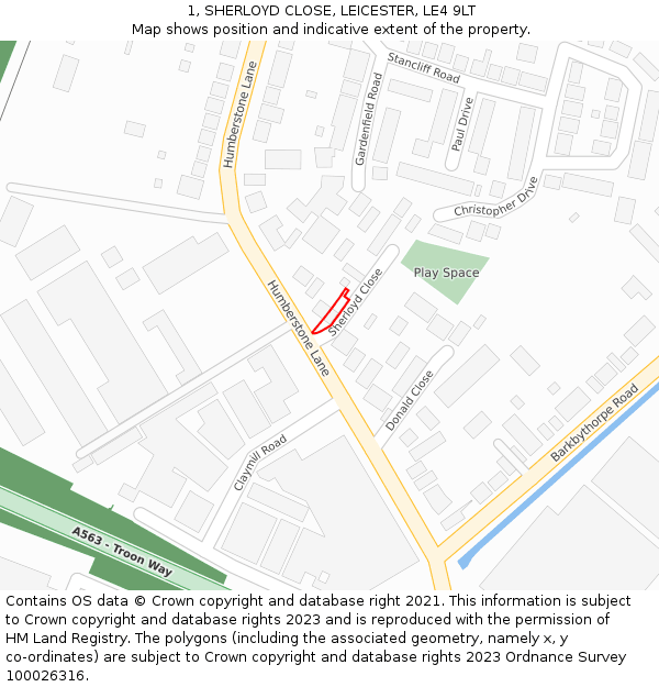 1, SHERLOYD CLOSE, LEICESTER, LE4 9LT: Location map and indicative extent of plot