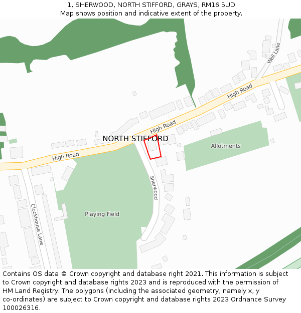 1, SHERWOOD, NORTH STIFFORD, GRAYS, RM16 5UD: Location map and indicative extent of plot