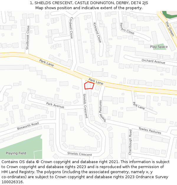 1, SHIELDS CRESCENT, CASTLE DONINGTON, DERBY, DE74 2JS: Location map and indicative extent of plot