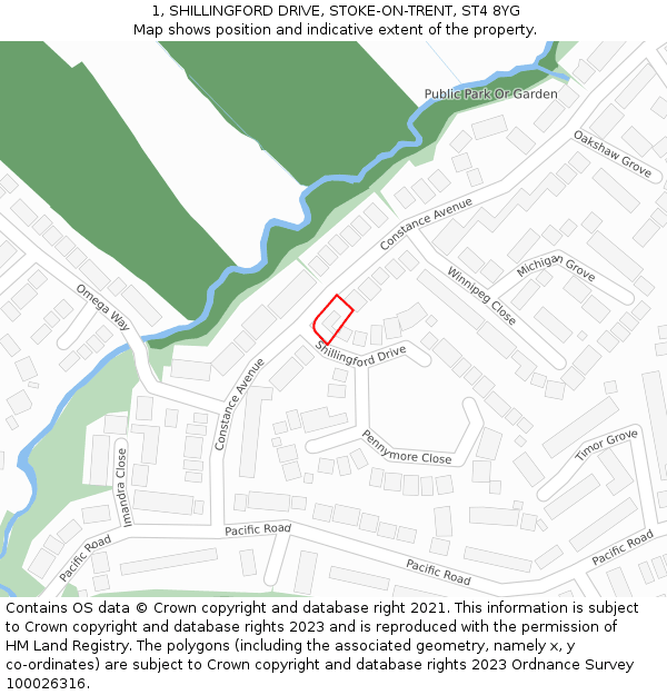 1, SHILLINGFORD DRIVE, STOKE-ON-TRENT, ST4 8YG: Location map and indicative extent of plot