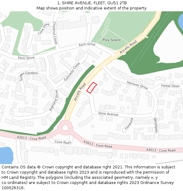 1, SHIRE AVENUE, FLEET, GU51 2TB: Location map and indicative extent of plot