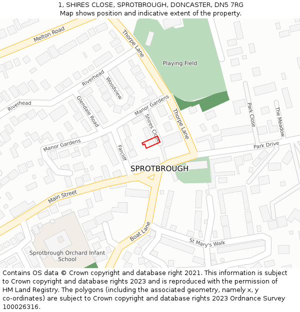 1, SHIRES CLOSE, SPROTBROUGH, DONCASTER, DN5 7RG: Location map and indicative extent of plot