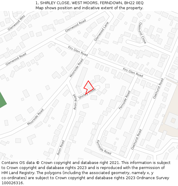 1, SHIRLEY CLOSE, WEST MOORS, FERNDOWN, BH22 0EQ: Location map and indicative extent of plot
