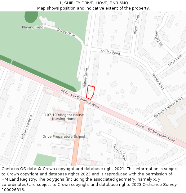 1, SHIRLEY DRIVE, HOVE, BN3 6NQ: Location map and indicative extent of plot