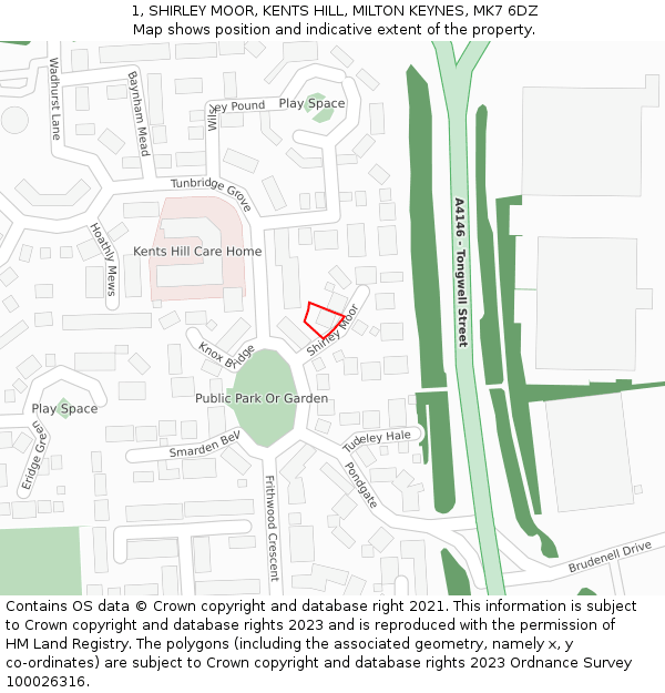 1, SHIRLEY MOOR, KENTS HILL, MILTON KEYNES, MK7 6DZ: Location map and indicative extent of plot