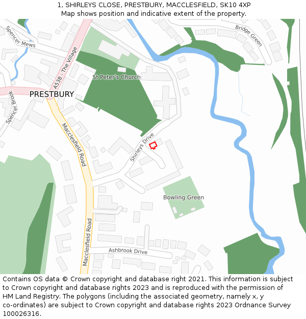 1, SHIRLEYS CLOSE, PRESTBURY, MACCLESFIELD, SK10 4XP: Location map and indicative extent of plot
