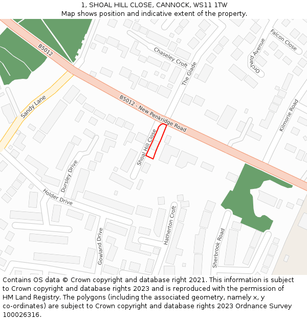 1, SHOAL HILL CLOSE, CANNOCK, WS11 1TW: Location map and indicative extent of plot