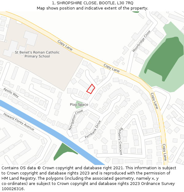 1, SHROPSHIRE CLOSE, BOOTLE, L30 7RQ: Location map and indicative extent of plot