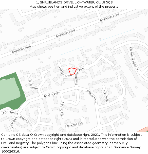 1, SHRUBLANDS DRIVE, LIGHTWATER, GU18 5QS: Location map and indicative extent of plot