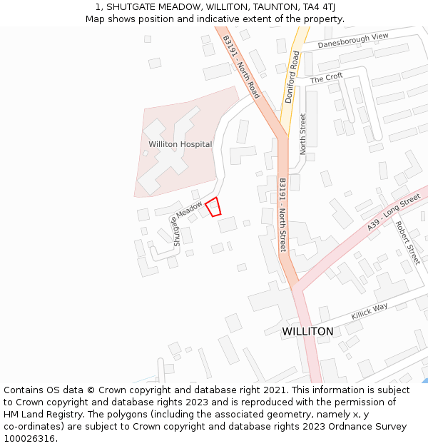 1, SHUTGATE MEADOW, WILLITON, TAUNTON, TA4 4TJ: Location map and indicative extent of plot