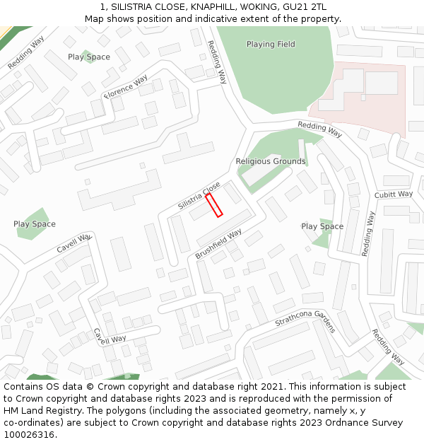 1, SILISTRIA CLOSE, KNAPHILL, WOKING, GU21 2TL: Location map and indicative extent of plot