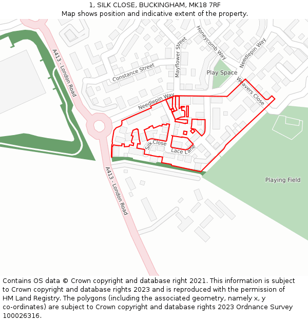 1, SILK CLOSE, BUCKINGHAM, MK18 7RF: Location map and indicative extent of plot