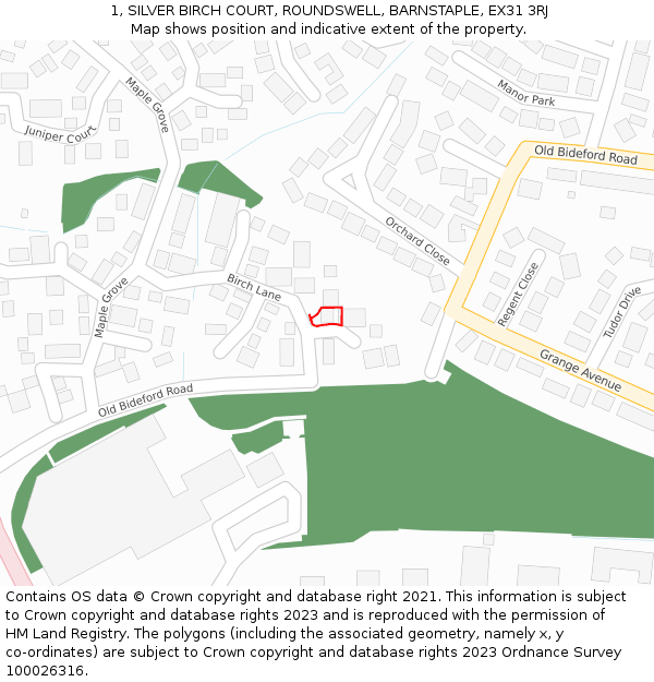 1, SILVER BIRCH COURT, ROUNDSWELL, BARNSTAPLE, EX31 3RJ: Location map and indicative extent of plot