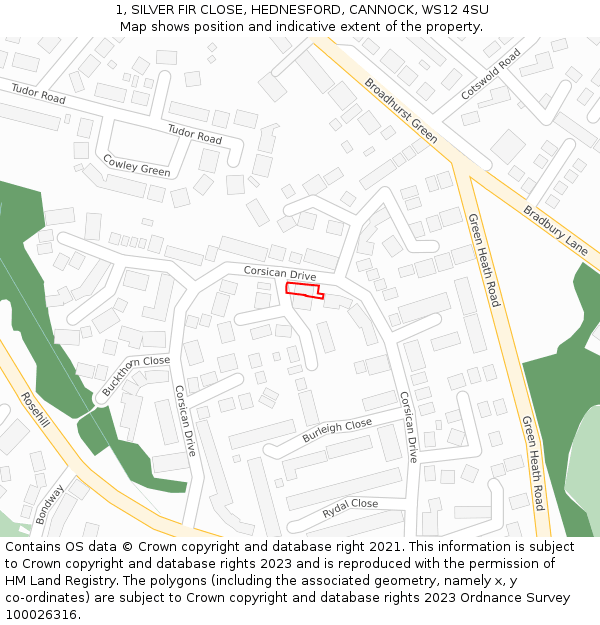 1, SILVER FIR CLOSE, HEDNESFORD, CANNOCK, WS12 4SU: Location map and indicative extent of plot