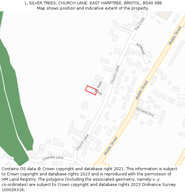 1, SILVER TREES, CHURCH LANE, EAST HARPTREE, BRISTOL, BS40 6BE: Location map and indicative extent of plot