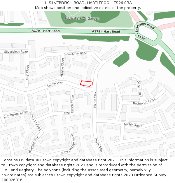 1, SILVERBIRCH ROAD, HARTLEPOOL, TS26 0BA: Location map and indicative extent of plot