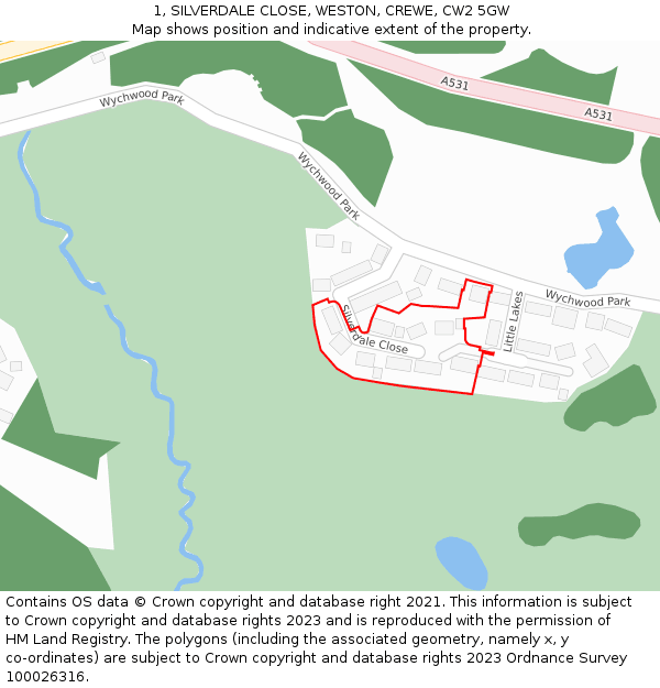 1, SILVERDALE CLOSE, WESTON, CREWE, CW2 5GW: Location map and indicative extent of plot