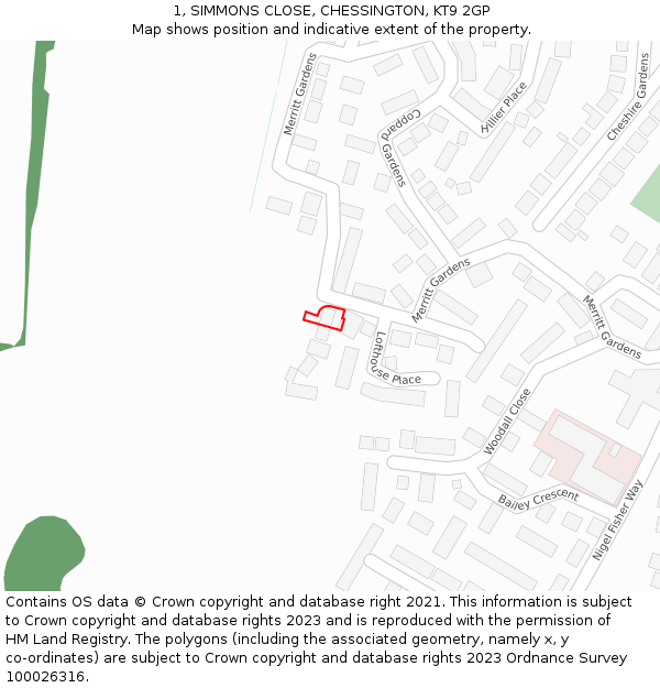 1, SIMMONS CLOSE, CHESSINGTON, KT9 2GP: Location map and indicative extent of plot