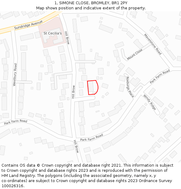 1, SIMONE CLOSE, BROMLEY, BR1 2PY: Location map and indicative extent of plot