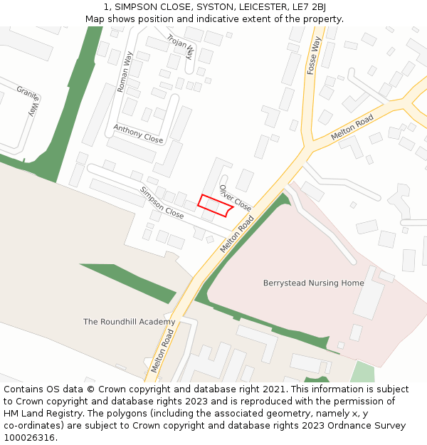 1, SIMPSON CLOSE, SYSTON, LEICESTER, LE7 2BJ: Location map and indicative extent of plot
