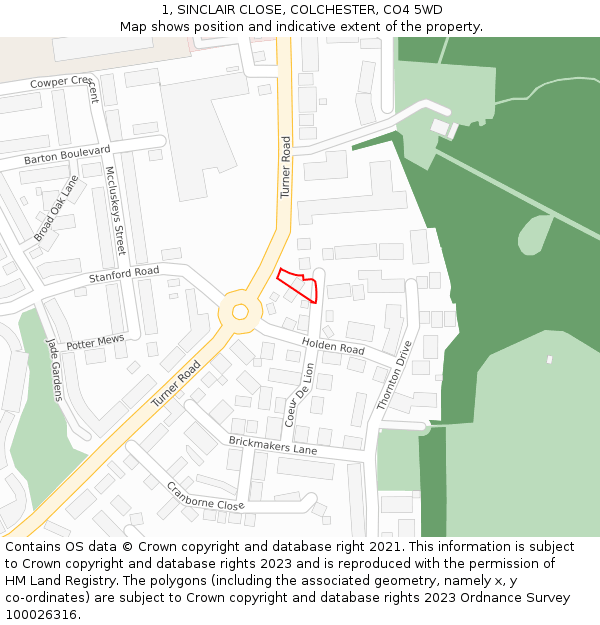 1, SINCLAIR CLOSE, COLCHESTER, CO4 5WD: Location map and indicative extent of plot