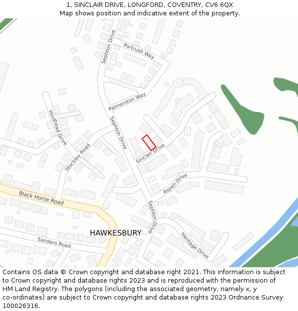 1, SINCLAIR DRIVE, LONGFORD, COVENTRY, CV6 6QX: Location map and indicative extent of plot