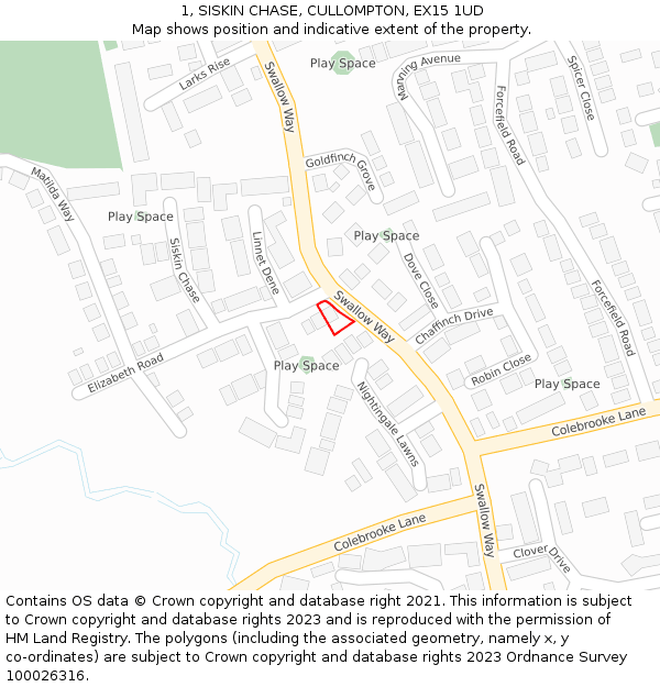 1, SISKIN CHASE, CULLOMPTON, EX15 1UD: Location map and indicative extent of plot