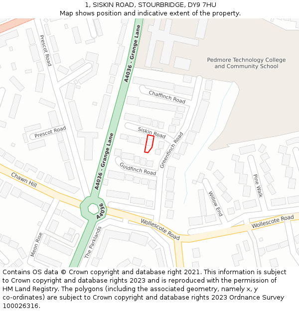 1, SISKIN ROAD, STOURBRIDGE, DY9 7HU: Location map and indicative extent of plot