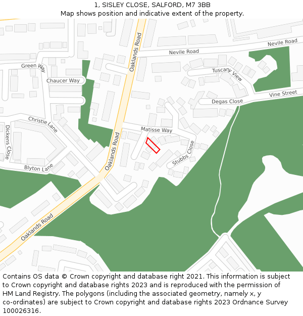 1, SISLEY CLOSE, SALFORD, M7 3BB: Location map and indicative extent of plot